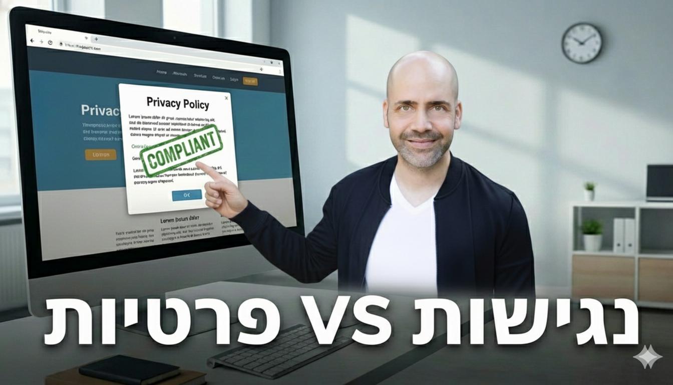 אינפוגרפיקה המסבירה את הסיכון הכפול בחברות שאינן משלבות פרטיות ונגישות. בצד שמאל מוצגת הבעיה של הסתמכות על הגנות משפטיות בלבד, הכוללת כשלים במדיניות פרטיות, עוגיות ואישורי תנאים. בצד ימין מודגש הפתרון המתמקד בשילוב בין משפט לטכנולוגיה, עם אייקונים של שער מאובטח, הגנת מידע, נגישות וחוויית משתמש. בתחתית מופיעה קריאה לבחור חברה מקצועית המשלבת פרטיות ונגישות לצורך עמידה בדרישות החוק והפחתת סיכוני