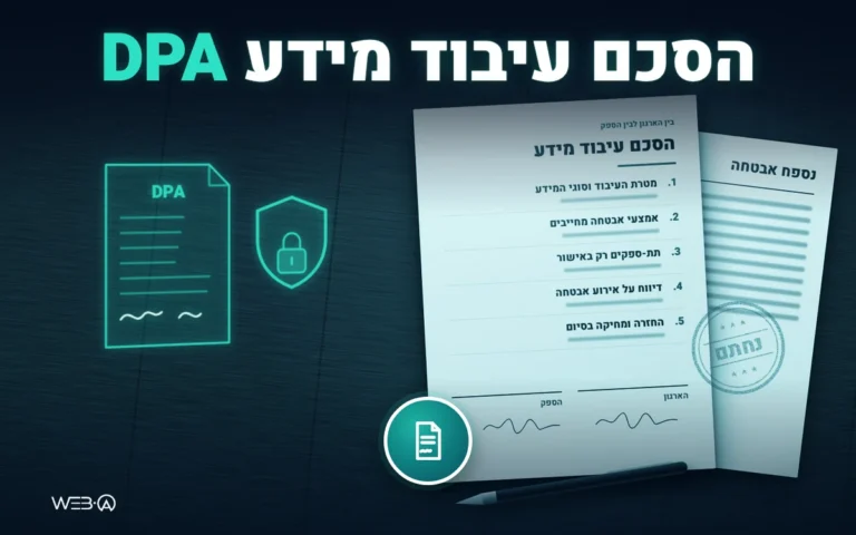 הסכם עיבוד מידע מודפס עם חמישה סעיפים, שתי חתימות וחותמת, המחשה לסעיפים שצריך לכלול בהסכם DPA מול ספק