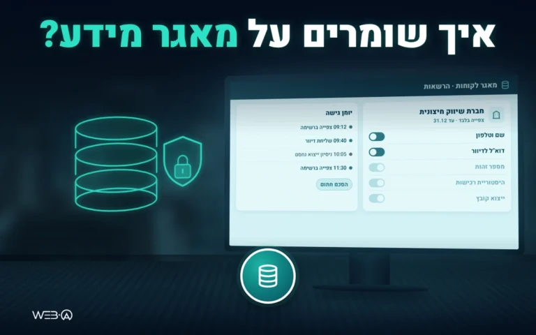 מסך הרשאות שבו לחברת שיווק יש צפייה בלבד ושדות חסומים, ויומן גישה, המחשה להגנה על מאגר מידע לשיווק