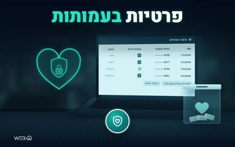 מחשב נייד עם מאגר תורמים, כרטיסי אשראי מוסתרים ועמודת הסכמה, ליד קופת תרומות, המחשה להגנת הפרטיות בעמותות